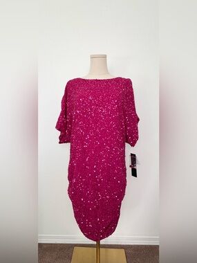 NWT Aidan Mattox Fuchsia Sequin & Beaded Batwing Cutout Cocktail Dress